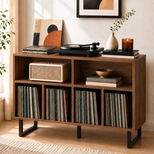 Vista 9 de Soporte grande para tocadiscos con almacenamiento de vinilo, gabinete moderno de mediados de siglo para más de 500 álbumes, mesa giratoria de nogal