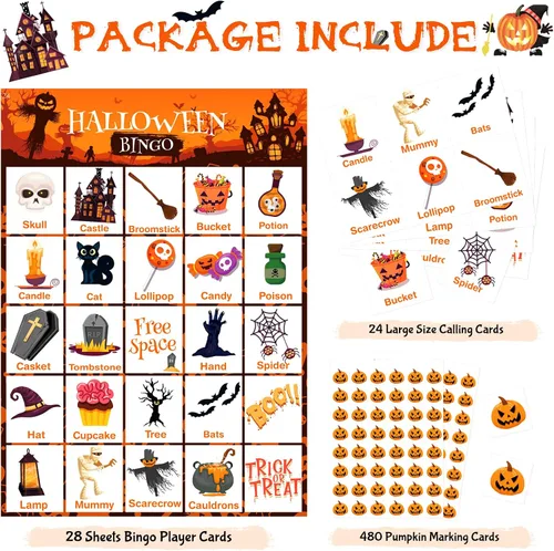 Vista 5 de V-Opitos Tarjeta de juego de bingo de Halloween de gran tamaño para niños y adultos, 6 x 8.5 pulgadas, 28 jugadores, juegos de Halloween