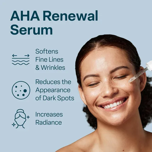 Vista 2 de Ácido glicólico/AHA - Suero renovador al 15% para el rostro, brillo intensivo, suavizante, exfoliante para noche o día, líneas finas, manchas