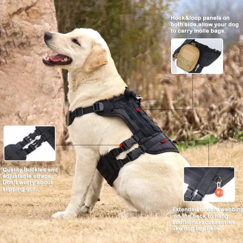 Vista 3 de Arnés táctico para perros medianos y grandes sin tirones, arnés militar con asa, chaleco para perro de servicio con paneles Molle y bucle, arnés