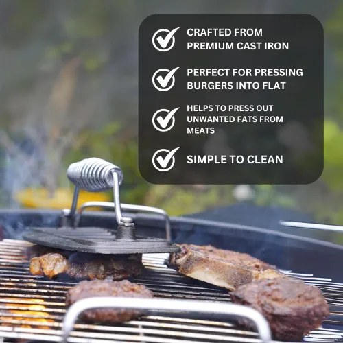 Vista 3 de BBQ Dragon Prensa para parrilla de hierro fundido – Prensa de hamburguesas, tocino y panini resistente de 2.9 libras – Pre sazonada para asar