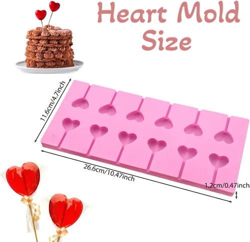 Vista 2 de Molde de silicona de caramelo de piruleta de corazón para el día de San Valentín, molde en forma de corazón de 12 agujeros para el día de San