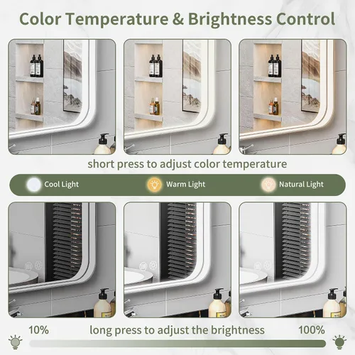 Vista 2 de Espejo de baño LED de 20 x 28 pulgadas con luces, marco plateado rectangular redondeado con diseño de tira de luz incrustada, 3 colores y regulable