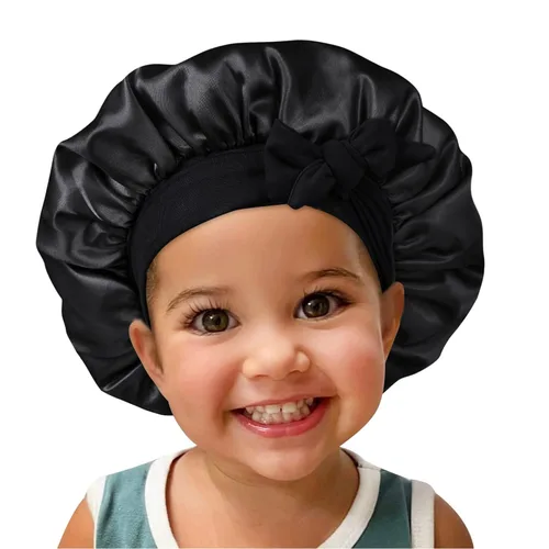 Vista 2 de Gorro de satén de seda para el cabello: 2 gorros para niños con banda elástica para atar y ajustar las correas ajustables para dormir y dormir