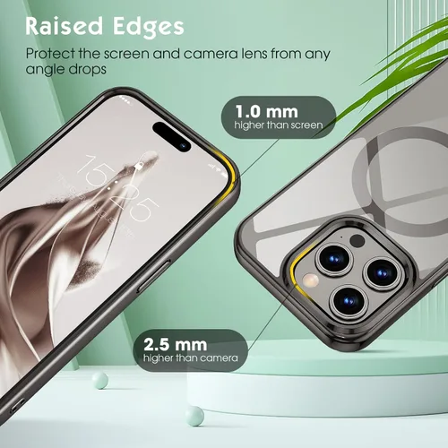 Vista 4 de Compatible con iPhone 15 Pro, funda magnética de lujo con borde galvanizado transparente, carcasa dura delgada, nunca amarilla, funda protectora