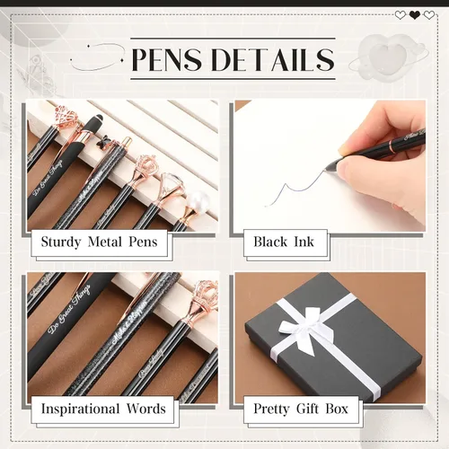 Vista 3 de Qeeenar 6 bolígrafos elegantes para mujer, bolígrafo de diamantes de cristal para diario, bonito bolígrafo con purpurina con caja, regalos Negro