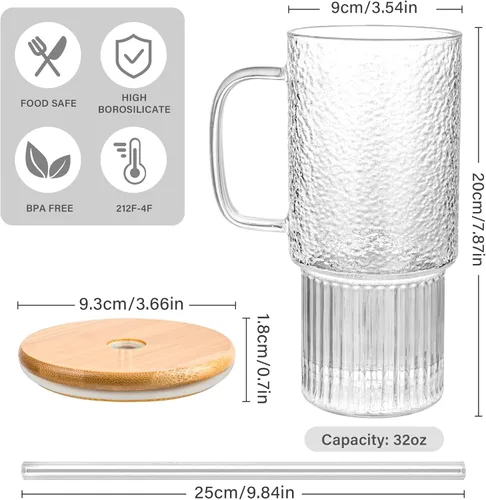 Vista 4 de Vaso de vidrio de borosilicato acanalado de 32 onzas con asa, tapa de bambú y popote (transparente, 1 unidad, tapa de bambú)