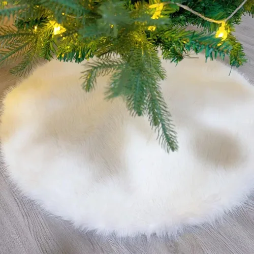 Vista 2 de Falda de Árbol de Navidad de 24 Pulgadas - Falda de Árbol de Piel Sintética Esponjosa Beige Blanca, Decoración Navideña de Felpa de Color Toka