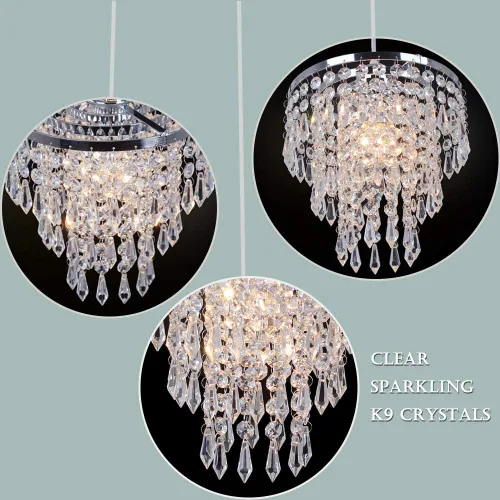 Vista 8 de Lámpara de techo de cristal de 3 niveles con colgante de cristal, decoración para pasillo, comedor, sala de estar, dormitorio, casquillo E26, cromado