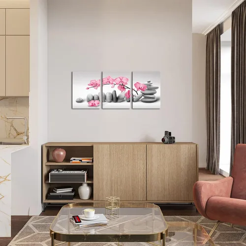 Vista 6 de SkenoArt 3 piezas de pintura de flores de orquídea, arte de pared, piedras zen, rosa, floral, impresiones de imágenes de meditación pacífica, obras