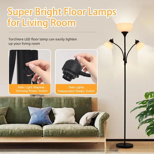 Vista 4 de Lámparas 3 en 1 para sala de estar, lámpara de pie con 2 luces de lectura ajustables, lámparas de pie con atenuación continua, 3 bombillas LED