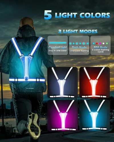 Vista 3 de Zacro LED Reflective Vest Running Gear, 5 Lights Colors High Visibility Reflective Running Gear Rechargeable Light Up Running Vest for Walking