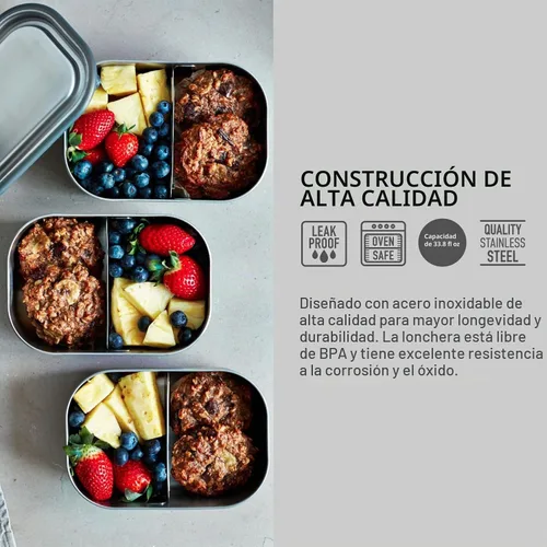 Vista 3 de Black+Blum - Lonchera de acero inoxidable 3 en 1, a prueba de fugas, multifuncional, sin plástico, con válvula de vacío, caja Bento con divisor