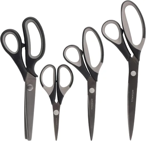 Vista 15 de BambooMN Juego de tijeras de titanio Softgrip para costura, arte, manualidades, oficina, 1 juego de 3 unidades, negro con incrustaciones grises