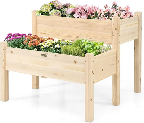 Vista 10 de Giantex Juego de 2 camas de jardín elevadas, caja de madera elevada, kit de cama elevada para flores, verduras, frutas, hierbas, contenedor de Gris