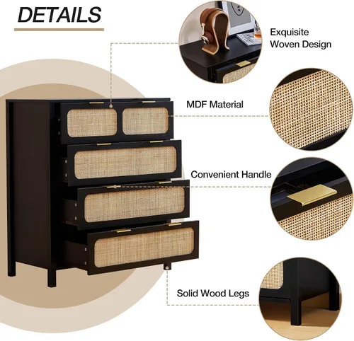 Vista 6 de Cómoda de 4 cajones, moderna cómoda de ratán con cajones anchos y asas de metal, cómoda de almacenamiento de madera de granja para dormitorio, sala