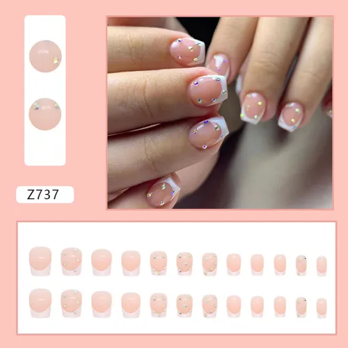 Vista 5 de 24 uñas postizas cortas, cuadradas, punta francesa blanca, pegamento, uñas postizas acrílicas con diseño de diamantes de imitación, uñas adhesivas