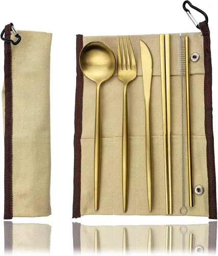 Vista 15 de JASHII Juego de cubiertos de viaje de acero inoxidable, tenedor, cuchara, cuchillo, pajilla, cubiertos reutilizables con estuche, juego de Rosa