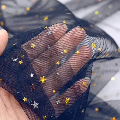 Vista 2 de Rollos de tela de tul azul claro con purpurina de 59 pulgadas x 3 yardas, estrella dorada y lentejuelas de tul para faldas tutú, costura, decoración