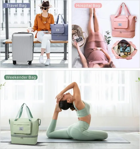 Vista 6 de Rhewatin Bolsa de gimnasio expandible para mujer, bolsa de fin de semana plegable con bolsillo húmedo, bolsa de noche para viajes, gimnasio, yoga