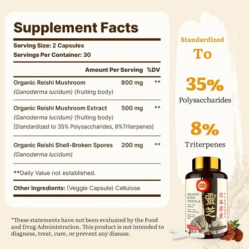 Vista 2 de Suplemento japonés de hongos Reishi de 800 mg con extracto de hongo Reishi 500 mg y esporas rotas de cáscara de 200 mg, cápsulas orgánicas de hongos