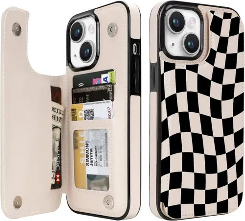 Vista 41 de uCOLOR - Funda tipo cartera para iPhone 15 con tarjetero y diseño de lunares con leche de almendra Bloqueo RFID de piel sintética para mujeres