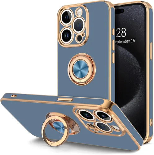 Vista 10 de Hython Funda para iPhone 15 con Soporte de Anillo, Soporte de Anillo Giratorio de 360° Soporte Magnético, Borde Chapado en Oro Rosa Cubierta Suave