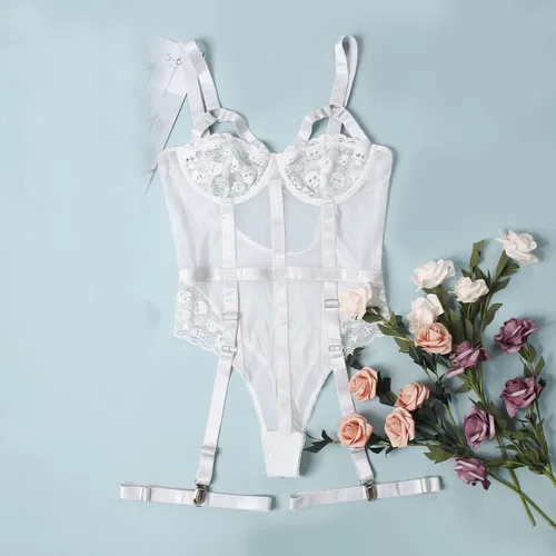 Vista 6 de Lencería de una pieza con liguero para mujer, body de encaje floral con calzones, muñecas de bebé, ropa