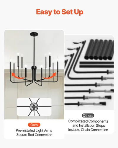 Vista 3 de VEVOR Candelabro de 6 Luces, Candelabro de Metal Estilo Granja, Altura Ajustable, Lámpara Colgante de Comedor para Techos, Candelabro Moderno