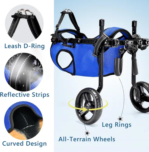 Vista 6 de Silla de ruedas para perros para patas traseras, altura/longitud/ancho ajustable, silla de ruedas resistente con ruedas que absorben los golpes
