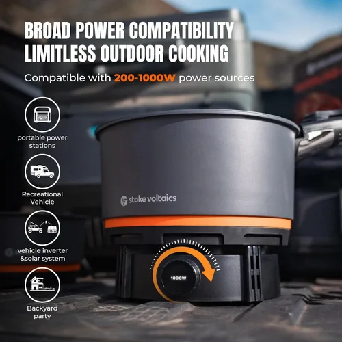 Vista 2 de Stoke Voltaics Sistema de cocina Nomad con bolsa, estufa eléctrica de campamento de 200 a 1000 W con sartén y olla, juego de equipo de cocina
