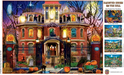 Vista 6 de MasterPieces Rompecabezas de Halloween de 1000 piezas, casa embrujada en la colina, colores llamativos del equipo, material reciclado, adolescente