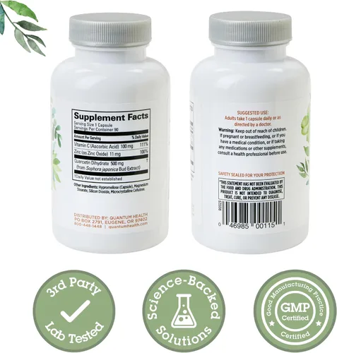 Vista 2 de Quantum Health Quercetin+ 500mg Potente suplemento de apoyo inmunológico con zinc 11 mg y vitamina C 100 mg – Complejo de refuerzo de inmunidad