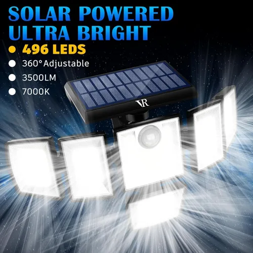 Vista 2 de Luces de Inundación Solares con Sensor de Movimiento para Exteriores – 496 LED 3500 lm, 3 modos de iluminación, 3 niveles de brillo, 6 cabezales