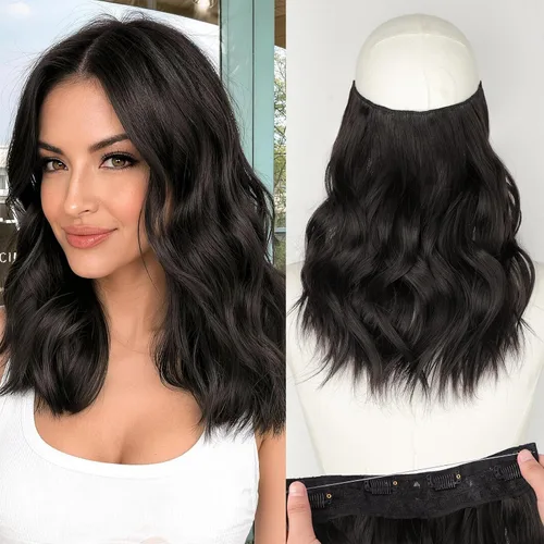 Vista 64 de KooKaStyle Extensiones de cabello de alambre invisible con diadema transparente, tamaño ajustable, 4 clips de seguridad, largo, ondulado, alambre