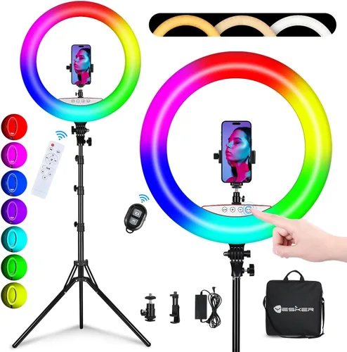 Vista 7 de Yesker Anillo de luz de 18 pulgadas con trípode grande para selfie, luz de anillo ajustable de 6000 K regulable, LED, portátil, profesional, kit