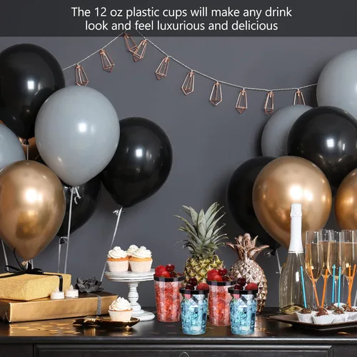 Vista 7 de Norme 50 vasos de plástico de 12 onzas desechables para fiesta con borde, vasos transparentes de plástico para vino, café, cumpleaños, boda, Negro