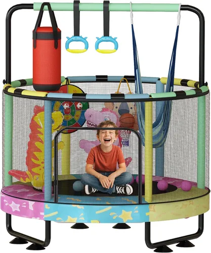 Vista 11 de Lamerge Kids Trampoline, Toddler Bouncing Trampoline with Safety Enclosure Net, ASTM-Approved, 500lbs Capacity, Ages 1-8, Adjustable Handrail