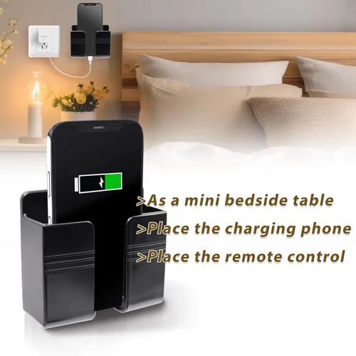 Vista 6 de 2 soportes de pared para teléfono con almohadillas adhesivas, soporte para teléfono con orificio de recepción de cable de datos, caja de Negro