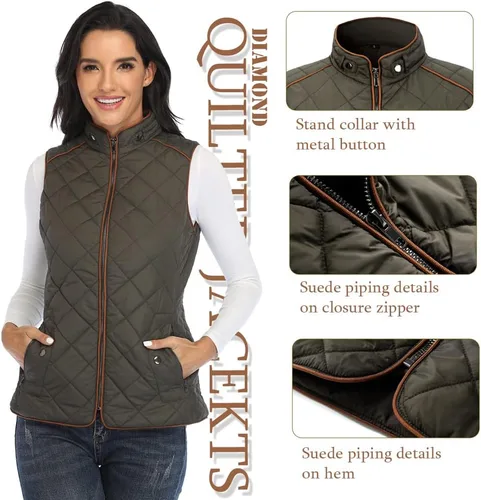 Vista 2 de Dilgul Chaleco acolchado para mujer, cuello alto, ligero, con cremallera, con bolsillos