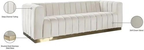 Vista 5 de Meridian Furniture 603Cream-S Colección Marlon Modern Sofá tapizado de terciopelo contemporáneo con acolchado de canal profundo, base de acero