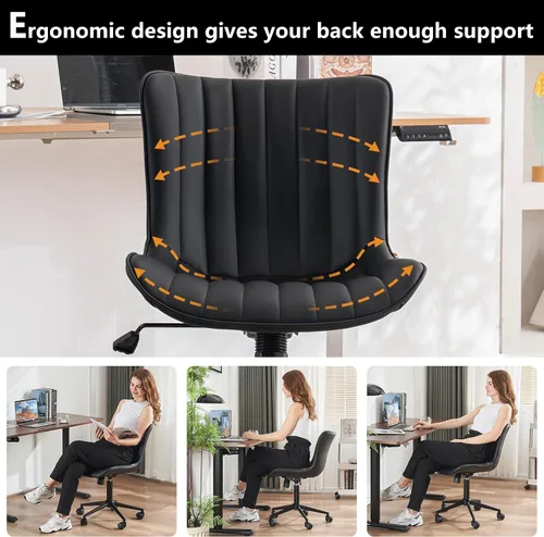 Vista 6 de YOUNIKE Silla de escritorio compacta negra para oficina en casa con ruedas, silla de tocador linda sin brazos cómoda con respaldo basculante