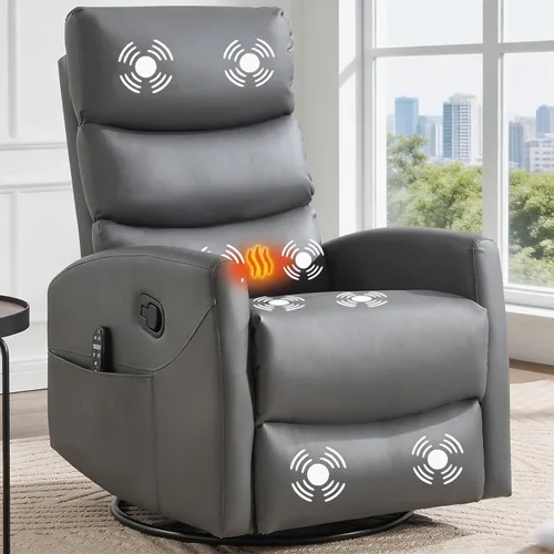 Vista 10 de Silla reclinable giratoria de 360° con masaje y calor, respaldo alto con relleno, silla mecedora tapizada para cuarto de bebé, sala de estar