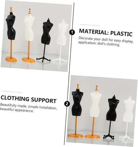 Vista 7 de Torso de maniquí femenino, 4 piezas de mini vestido de muñeca con soporte de base para costura, vestido de vestir, exhibición de joyas, negro