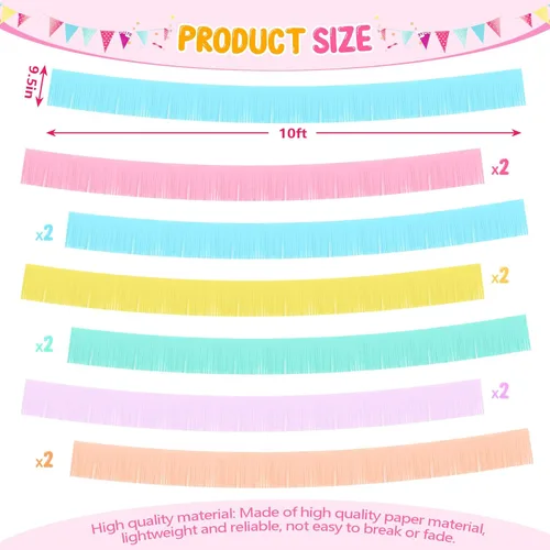 Vista 4 de Taiyin Paquete de 12 guirnaldas de flecos de macarrón de 120 pies de papel pastel con flecos, guirnalda de fiesta para colgar en la pared, telón