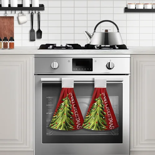 Vista 3 de Toallas de cocina colgantes con diseño de árbol de Navidad, color rojo y verde, toalla de mano de Navidad con lazo para colgar, toallas de cocina