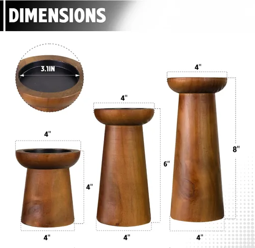 Vista 2 de Juego de 3 portavelas de pilar, portavelas de madera, portavelas decorativos de madera para sala de estar, centro de mesa para bodas, Navidad