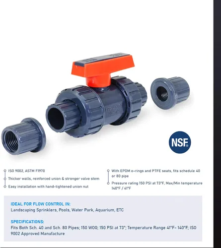 Vista 5 de Midline Valve Válvula de bola de unión verdadera de PVC resistente Manija rosa 1" FIP/Conexiones solvente Plástico gris (482UT100)