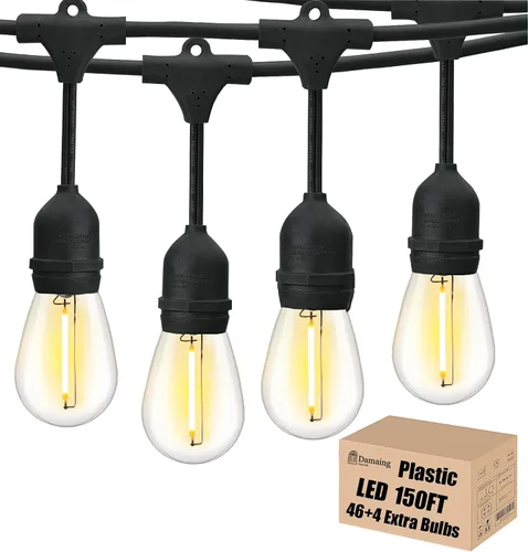 Vista 9 de Tira de luces para exteriores, luz de patio de 100 pies con 32 bombillas Edison regulables S14 inastillables, iluminación exterior resistente al