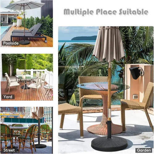 Vista 9 de Tangkula Base de sombrilla de patio de 49 libras, soporte de sombrilla de 20.5 pulgadas con diseño de ratán, perilla ajustable, soporte redondo